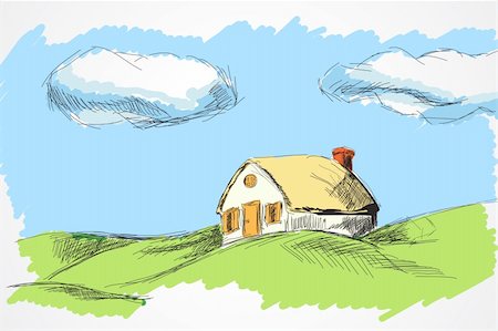 roof and hands - hand draw house in the meadow (vector illustration) Stock Photo - Budget Royalty-Free & Subscription, Code: 400-04391235