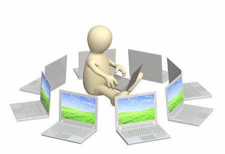 simsearch:400-04352175,k - 3d puppet, sitting with a laptop. Isolated over white Stock Photo - Budget Royalty-Free & Subscription, Code: 400-04391296