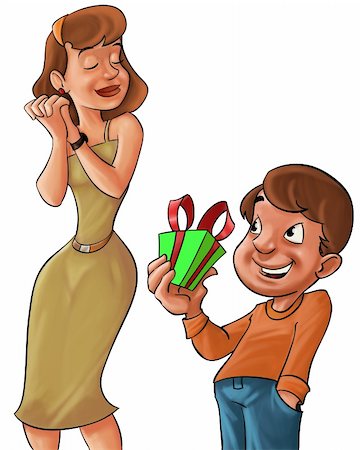 pretty cartoon mother - boy giving a gift to his mom in the mom´s day Stock Photo - Budget Royalty-Free & Subscription, Code: 400-04391315