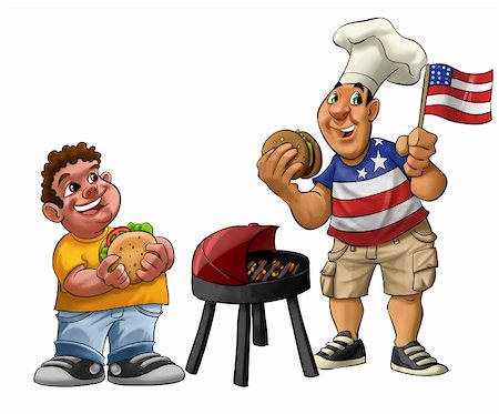 food for the fourth - fat guy eating a hamburger with usa shirt and flag Stock Photo - Budget Royalty-Free & Subscription, Code: 400-04391345