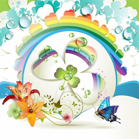 simsearch:400-06355861,k - Background with lilies, clover and drops of water over rainbow Photographie de stock - Aubaine LD & Abonnement, Code: 400-04391991