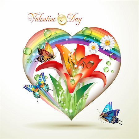 simsearch:400-05894204,k - Valentine's day card. Heart with lily and butterflies Photographie de stock - Aubaine LD & Abonnement, Code: 400-04392007