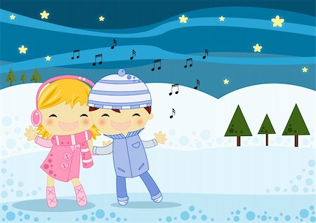 singing carols - Illustrated Christmas card with 2 cute little kids a boy and a girl singing a Christmas carol on a cold winter night Stock Photo - Budget Royalty-Free & Subscription, Code: 400-04392168