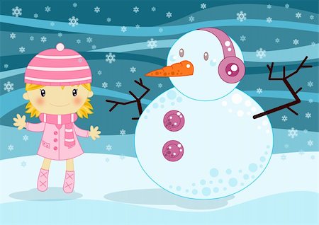 Illustrated Christmas card with a cute smiling girl in a pink coat with a funny snowman under a starry blue sky Stock Photo - Budget Royalty-Free & Subscription, Code: 400-04392172