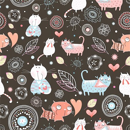 retro cat pattern - seamless pattern of the fun of cats on a brown background Stock Photo - Budget Royalty-Free & Subscription, Code: 400-04392814