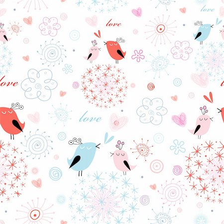 seamless pattern of little birds love to flowers on a white background Stock Photo - Budget Royalty-Free & Subscription, Code: 400-04392815