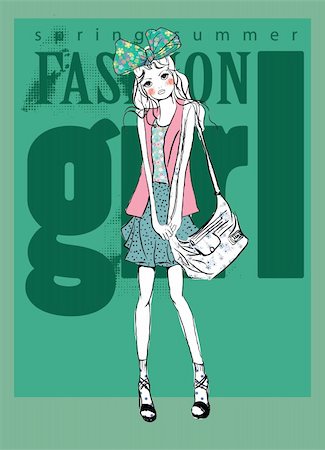 simsearch:400-04393054,k - fashion background illustration with bag  girl  sketch drawing penciled vector Foto de stock - Super Valor sin royalties y Suscripción, Código: 400-04393055