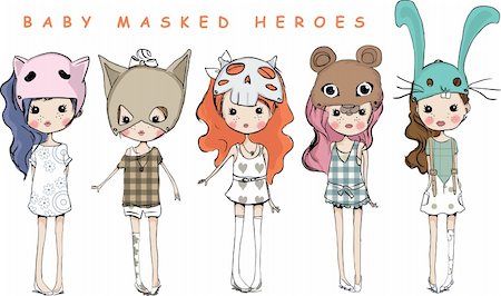 fashion group sketch - playing mask animals cute girls  sketch drawing  vector Stock Photo - Budget Royalty-Free & Subscription, Code: 400-04393072