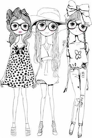 three illustration sisters friends group vector drawing  sketch Foto de stock - Super Valor sin royalties y Suscripción, Código: 400-04393095