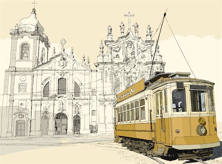 Vector illustration of a typical tramway in front of the church Carmo in Porto - Portugal Stock Photo - Budget Royalty-Free & Subscription, Code: 400-04393611