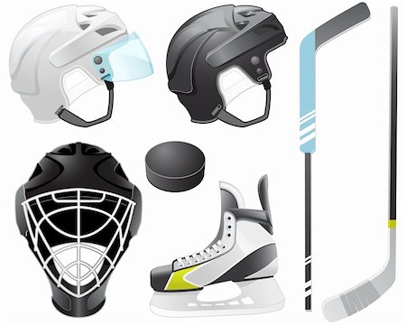Goaltender helmet, hockey sticks, skate and puck Stock Photo - Budget Royalty-Free & Subscription, Code: 400-04393612