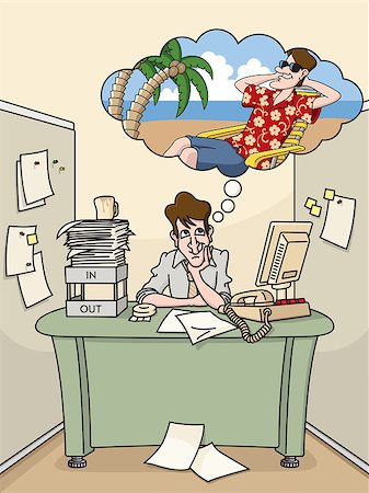 A bored office worker sits in his cubicle dreaming of a tropical vacation.    Also available as a Vector in Adobe illustrator EPS format, compressed in a zip file. All elements and colors can easily be moved or edited individually. Can be scaled to any size without loss of quality. Stock Photo - Budget Royalty-Free & Subscription, Code: 400-04404837