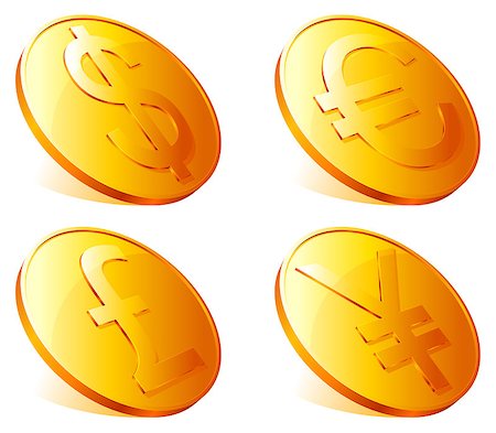 Four golden coins with different currency symbols. Stock Photo - Budget Royalty-Free & Subscription, Code: 400-04405012