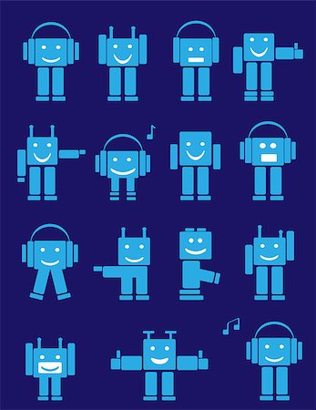 simsearch:400-04405278,k - Set of blue cute emotional robots. Cartoon Fotografie stock - Microstock e Abbonamento, Codice: 400-04405278