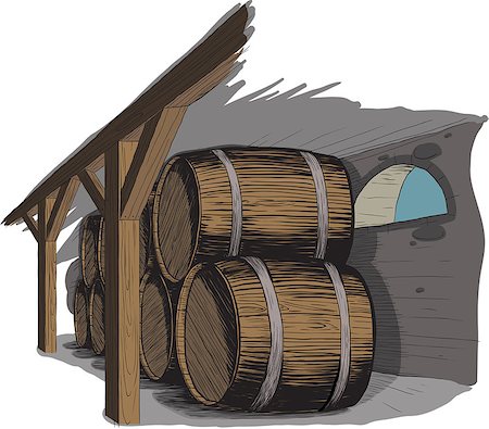 old wine cellar with rows of barrels. like woodcut technique Stock Photo - Budget Royalty-Free & Subscription, Code: 400-04405375