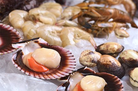 simsearch:400-04406446,k - Raw queen scallops (lat. Aequipecten opercularis) and other seafood such as mussels, shrimps and prawns on ice (Selective Focus, Focus the front of the scallop's meat) Stock Photo - Budget Royalty-Free & Subscription, Code: 400-04406442