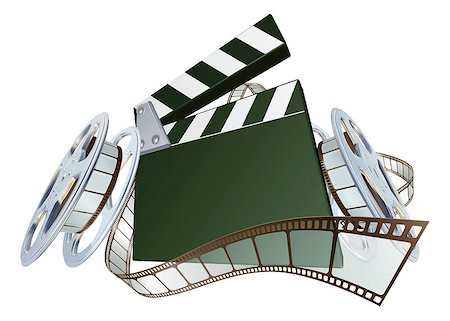 A clapperboard and film spooling out of film reel illustration. Dynamic perspective and copyspace on the board for your text. Foto de stock - Super Valor sin royalties y Suscripción, Código: 400-04407204