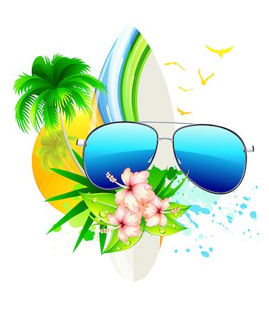 surf flower design - Vector illustration of funky summer  background with palm trees, hibiscus flowers, surfboard and funky sunglasses Stock Photo - Budget Royalty-Free & Subscription, Code: 400-04407247