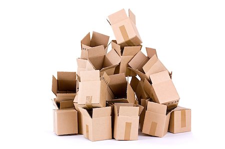 Pile of open cardboard boxes on white background Foto de stock - Royalty-Free Super Valor e Assinatura, Número: 400-04407355