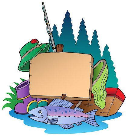 drawing of fishing - Wooden board with fishing equipment - vector illustration. Stock Photo - Budget Royalty-Free & Subscription, Code: 400-04407837