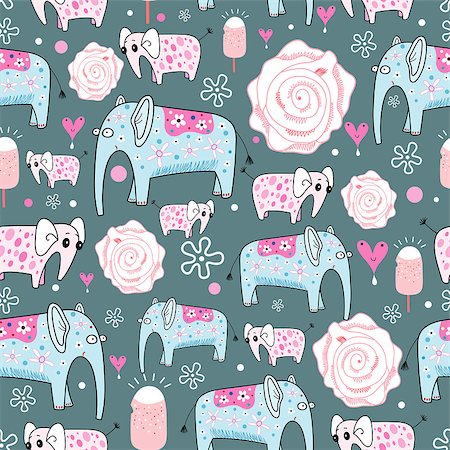 simsearch:400-05746053,k - cold seamless pattern of ornamental elephants, with roses on a gray blue background Stock Photo - Budget Royalty-Free & Subscription, Code: 400-04409034