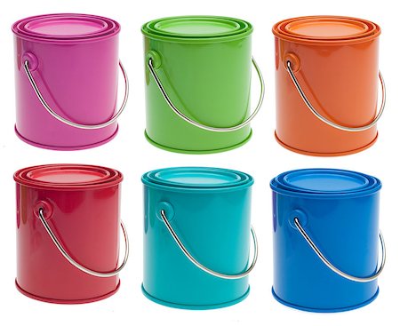 Set of 6 Colored Paint Cans in Pink, Green, Orange, Red, Turquoise and Blue Isolated on White with a Clipping Path. Stock Photo - Budget Royalty-Free & Subscription, Code: 400-04409511