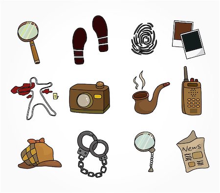 simsearch:400-06327169,k - Cartoon detective equipment icon set Fotografie stock - Microstock e Abbonamento, Codice: 400-04409658