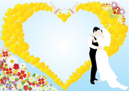On a blue background depicts an abstract heart, flowers, two white doves and the bride and groom Stock Photo - Budget Royalty-Free & Subscription, Code: 400-04409779
