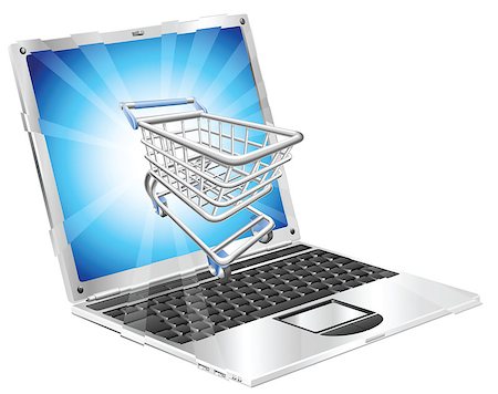 supermarket car - Internet shopping laptop concept illustration. Shopping cart flying out of laptop screen. Stock Photo - Budget Royalty-Free & Subscription, Code: 400-04400968