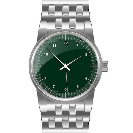 Silver watch with silver wrist band, dark green shiny clock face. Classical modern watch. Isolated on white. Stock Photo - Budget Royalty-Free & Subscription, Code: 400-04400985