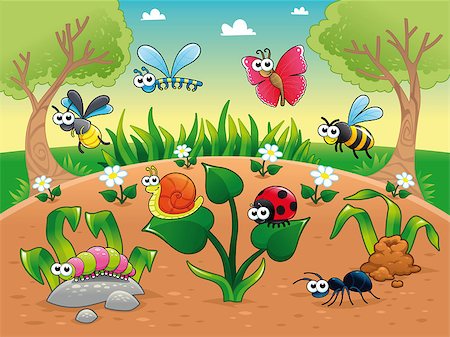 Bugs + 1 snail with background. Funny cartoon and vector illustration, isolated characters. Stock Photo - Budget Royalty-Free & Subscription, Code: 400-04402497