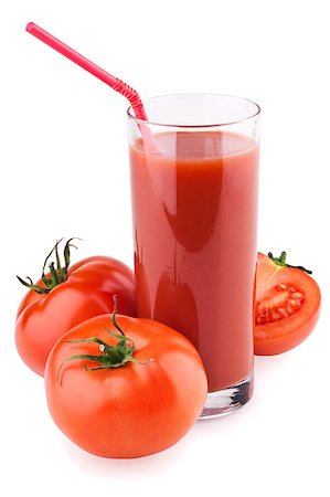 simsearch:400-05911768,k - Fresh tomato juice and ripe tomatoes round glass with straw isolated on a white background. Photographie de stock - Aubaine LD & Abonnement, Code: 400-04402641