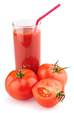 simsearch:400-05911768,k - Fresh tomato juice and ripe tomatoes round glass with straw isolated on a white background. Photographie de stock - Aubaine LD & Abonnement, Code: 400-04402642
