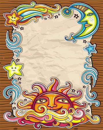 sun abstract drawing - Cute composition on wooden background with space for your text, surrounded by colorful sun, moon, and stars symbols. Stock Photo - Budget Royalty-Free & Subscription, Code: 400-04402836