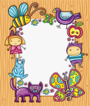 simsearch:400-04299195,k - Lovely spring composition on wooden background with space for your text, surrounded by colorful flowers, apple and butterflies, bumblebee, bird, cat and bunny. Two little cute kids girl and boy. Stock Photo - Budget Royalty-Free & Subscription, Code: 400-04402833