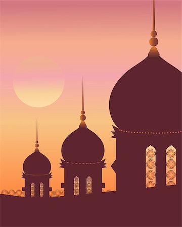 an illustration of islamic architecture with decoration in silhouette against a sunset sky Stock Photo - Budget Royalty-Free & Subscription, Code: 400-04402910