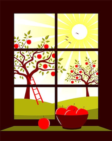 vector apple orchard outside the window, Adobe Illustrator 8 format Stock Photo - Budget Royalty-Free & Subscription, Code: 400-04403550