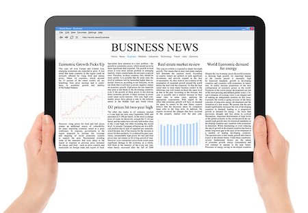 simsearch:400-04907702,k - Female hands holding touch screen tablet with business news on screen. Include 2 clipping path for screen and tablet with hands. Isolated on white. Stock Photo - Budget Royalty-Free & Subscription, Code: 400-04414001