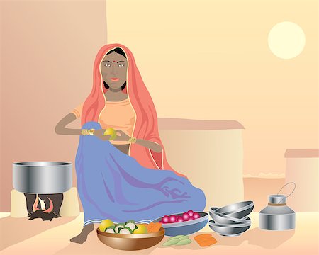 sunset meal - an illustration of an asian woman sitting on the ground preparing food with vegetables and cooking utensils under an evening sun Stock Photo - Budget Royalty-Free & Subscription, Code: 400-04414674