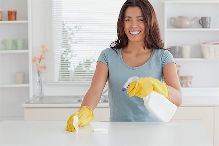 Beautiful female doing the housework while using a spray in the kitchen Stock Photo - Budget Royalty-Free & Subscription, Code: 400-04414898