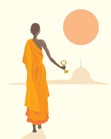 simsearch:400-05706113,k - an illustration of a buddhist monk in orange robes with a golden key with stupa and setting sun Stock Photo - Budget Royalty-Free & Subscription, Code: 400-04415232