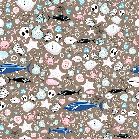 simsearch:400-05755345,k - seamless pattern of sea shells, crabs, fish and stars on a brown background Stock Photo - Budget Royalty-Free & Subscription, Code: 400-04415341