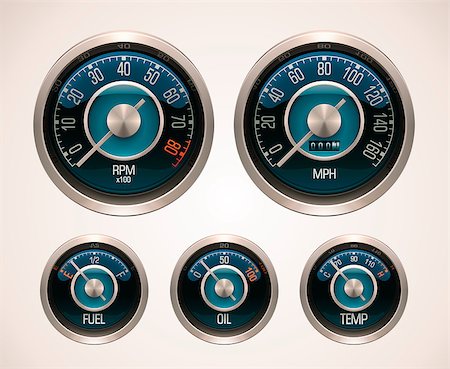 Set of the detailed retro car gauges – speedometer, tachometer, odometer, oil, temperature and fuel Fotografie stock - Microstock e Abbonamento, Codice: 400-04415572