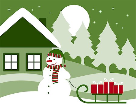 snowy night at home - vector snowman pulling sledge with gifts, Adobe Illustrator 8 format Stock Photo - Budget Royalty-Free & Subscription, Code: 400-04415695