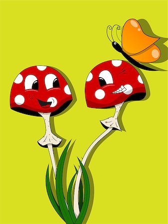 funny cartoon vegetables vector - Vector picture with funny mushrooms and butterfly Stock Photo - Budget Royalty-Free & Subscription, Code: 400-04415736