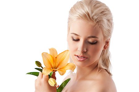 simsearch:400-06096871,k - beauty portrait of pretty blond girl with a big orange lily looking down Stock Photo - Budget Royalty-Free & Subscription, Code: 400-04416269