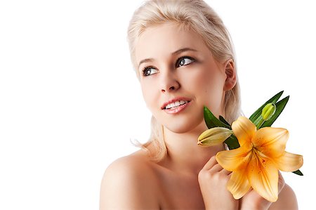 simsearch:400-06096871,k - beauty portrait of beautiful young woman with health skin and with orange flower on her shoulder Stock Photo - Budget Royalty-Free & Subscription, Code: 400-04416270