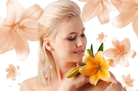 beauty portrait of beautiful young woman with health skin and with orange flower on her shoulder Stock Photo - Budget Royalty-Free & Subscription, Code: 400-04416272