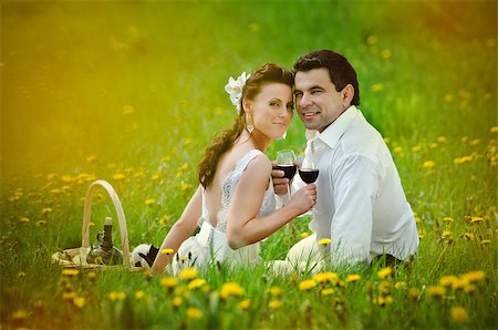 wedding couple drink a wine and smiling on a grass Stock Photo - Budget Royalty-Free & Subscription, Code: 400-04416673