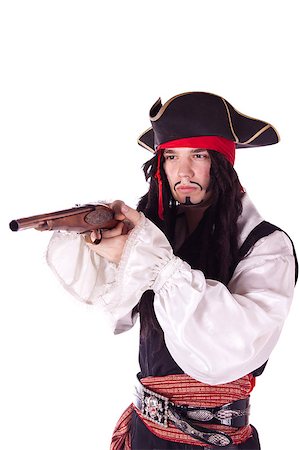 A man dressed as a pirate, pistol and saber. White background. Studio photography. Stock Photo - Budget Royalty-Free & Subscription, Code: 400-04417598